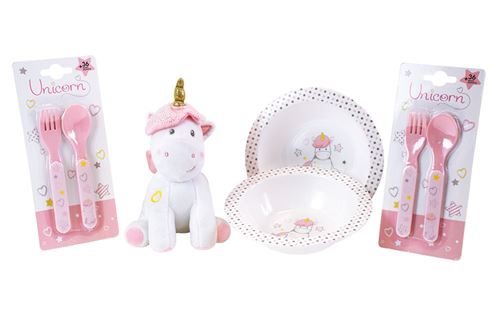 Non Communiqué Rose Licorne - Lot Ensemble Vaisselle Repas Pour Enfant Contenant 2 Assiettes Creuses, 2 Sets De Couverts Et 1 Peluche +/- 17 Cm