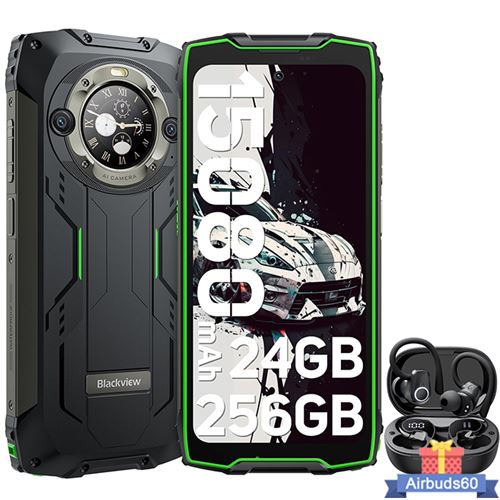 Blackview BV9300 Pro Téléphone Portable Incassable 6.7 24Go+256Go 15080mAh Vert avec Écouteurs Bluetooth Airbuds 60(Noir)