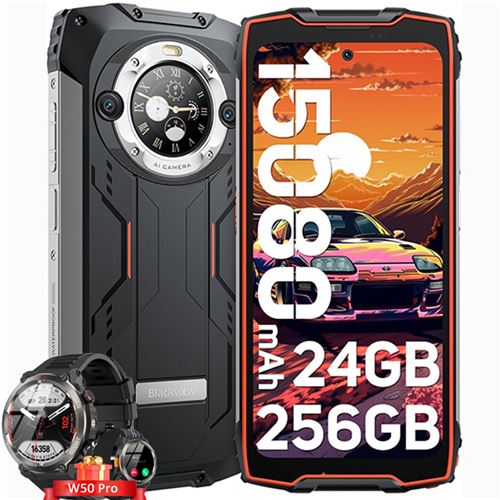 Blackview BV9300 Pro Téléphone Portable Incassable 6.7 24Go+256Go 15080mAh Orange avec Smartwatch Blackview W50 Pro