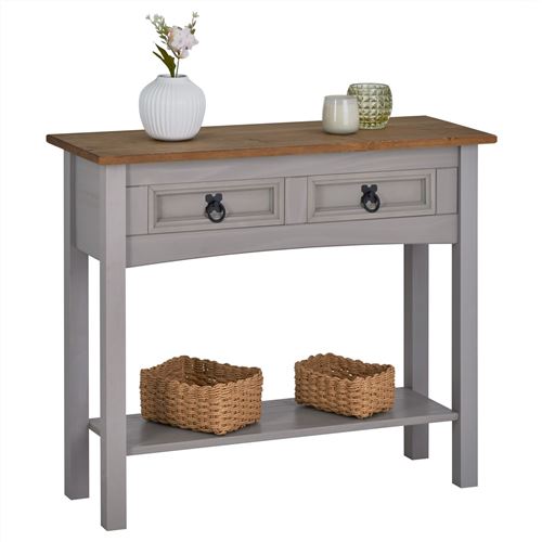 Table console RAMON table d'appoint rectangulaire en pin massif gris et brun avec 2 tiroirs, meuble d'entr&eacute;e style mexicain en bois 