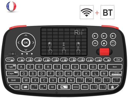 Rii i4: Mini Clavier sans Fil, 2 en 1 (Bluetooth & Wireless 2.4Ghz), AZERTY, rétro-éclairé,TouchPad, pour iOS, Android, Android Box, Smartphone, PS4, Xbox, Apple TV, Tablet, Consoles, PC