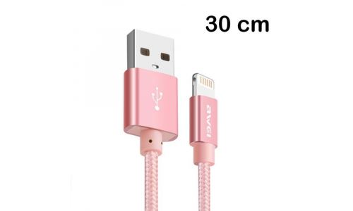 Câble iPhone tressé renforcé nylon rose 30 cm