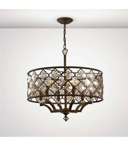 Suspension Indie 6 Ampoules E14 rond Mocha/Teak Plated cristal