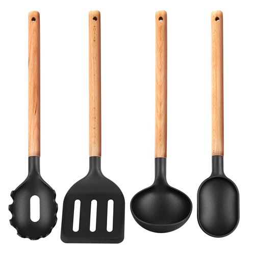 Smile SAK-3 Jeu de 4 Ustensiles de Cuisine, en Hêtre et Nylon, Résistant jusqu'à 210˚C