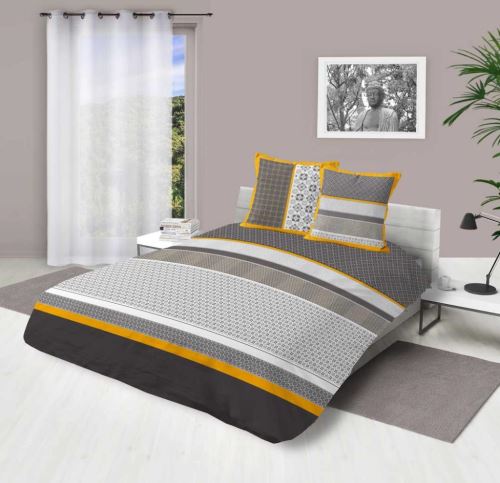 Parure housse de couette coton 240x220 cm TCHANG gris/jaune