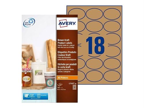 Avery Zweckform L7103 - Adhésif permanent - marron naturel - 42,3 x 63,5 mm (oval) 360 étiquette(s) (20 feuille(s) x 18) étiquettes