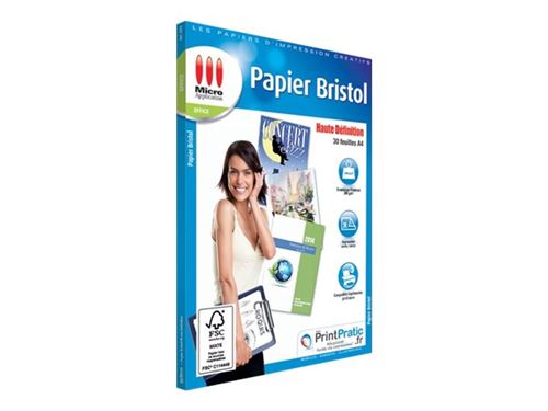 Micro Application Papier Bristol Recto Verso - Enduit arrière/avant - A4  (210 x 297 mm) - 200 g/m² - 30 feuille(s) papier uni - Papier d'impression  - Achat & prix