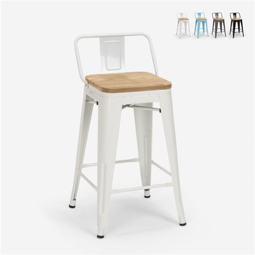Tabouret haut bar de cuisine design industriel style Tolix Steel Wood Top Light, Couleur: Blanc