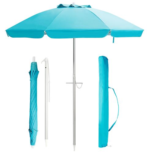 Parasol de plage inclinable giantex bleu Ø198cm protection UV 50+ avec bouton poussoir et sac de transport pour patio,piscine,jardin