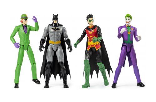 Coffret 4 personnages batman 30 cm batman le joker - robin - l'homme mystère - figurine super hero série - set dc + 1 carte animaux