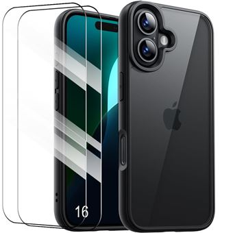 Coque + 2 Verres Trempés pour iPhone 16, Protection Antichoc Silicone Noir + Dos PC Translucide - BOOLING - 1
