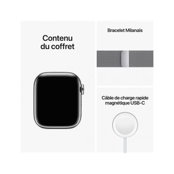 Apple Watch Series 8 GPS + Cellular, boîtier Acier inoxydable argent 41mm avec Boucle Milanaise Argent