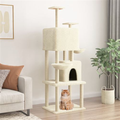 vidaXL Arbre à Chat avec Griffoirs en Sisal, Tour à Chat avec Plate-forme et Panier, Centre d'Activités pour Chaton, Arbre à Grimper Maison Intérieur, Crème 180 cm