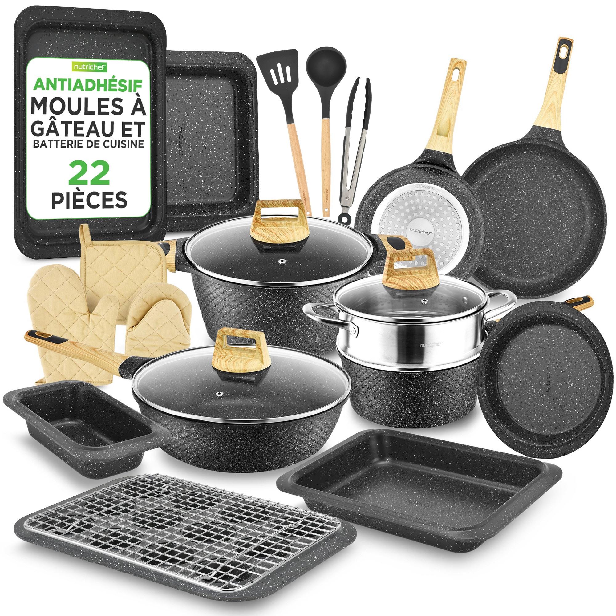 Batterie De Cuisine NutriChef 22 Pièces Marbre Noir - Casseroles Et Poêles Antiadhésives, Ustensiles - Compatible Induction (sauf Petite Poêle) - 4