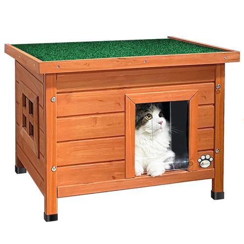 Meilleurs prix pour Maison pour Chat en bois Vounot avec toit bitumé autoportant et porte à lamelles PVC