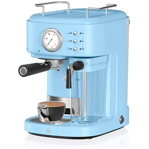 Retro Machine à Café 15 Bars Réservoir 0,5L avec Mousseur à Lait, 1,7L, Vintage, SWAN, SK22150BLN, 1200W, Bleu clair