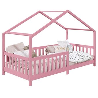 Lit cabane LISAN 90 x 190 cm, en pin massif lasuré rose - 1
