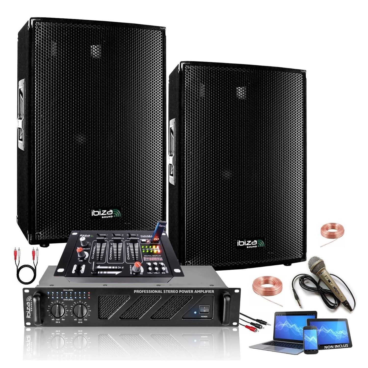 Pack Sono IBIZA Sound 2800W - 2 Enceintes 3 Voies 600W + Ampli 2x800W - Idéal Salle Des Fêtes, Mariage