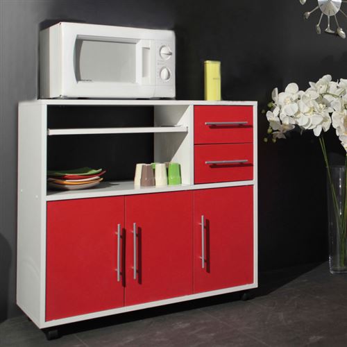 Meuble desserte 3 portes 2 tiroirs sur roulettes L89cm SIMPLY blanc/rouge