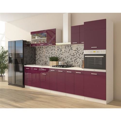 ULTRA Cuisine complete avec colonne four et plan de travail inclus L 300 cm - Aubergine brillant