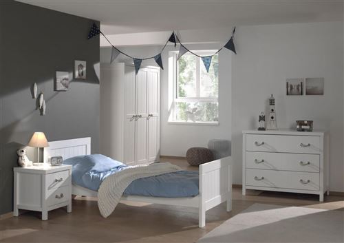 Lit 90x200 - Chevet 2 tiroirs - Armoire 3 portes et Commode 3 tiroirs Lewis - Blanc