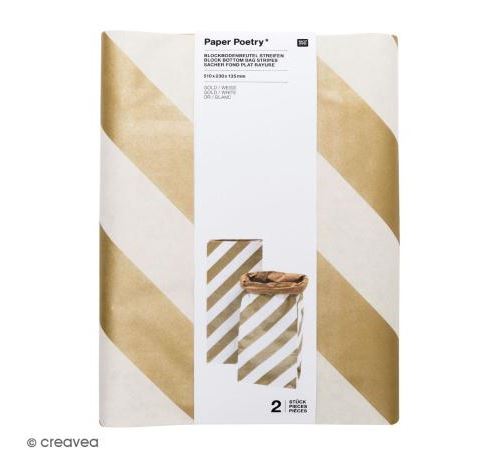 Sac en papier taille M - Rayures blanches et dorées - 23 x 51 x 13,5 cm - 2 pcs