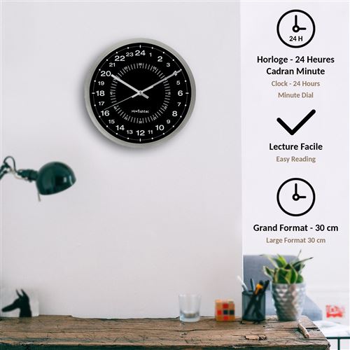 Horloge Murale Design Moderne 24 Heures - Horloge Alzheimer - Apprentissage  Enfant - Avec Cadran des Minutes - Pour Cuisine, Salon, Chambre - 30 CM