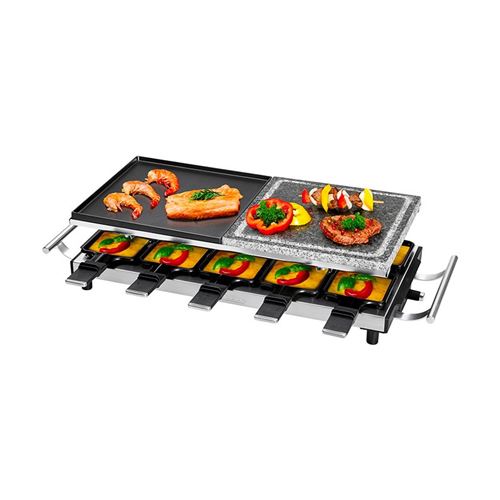Profi cook pc rg 1144 raclette grill de table avec barbecue pierre naturelle et réversible plaque fonte, 10 coupelles, 10 spatul