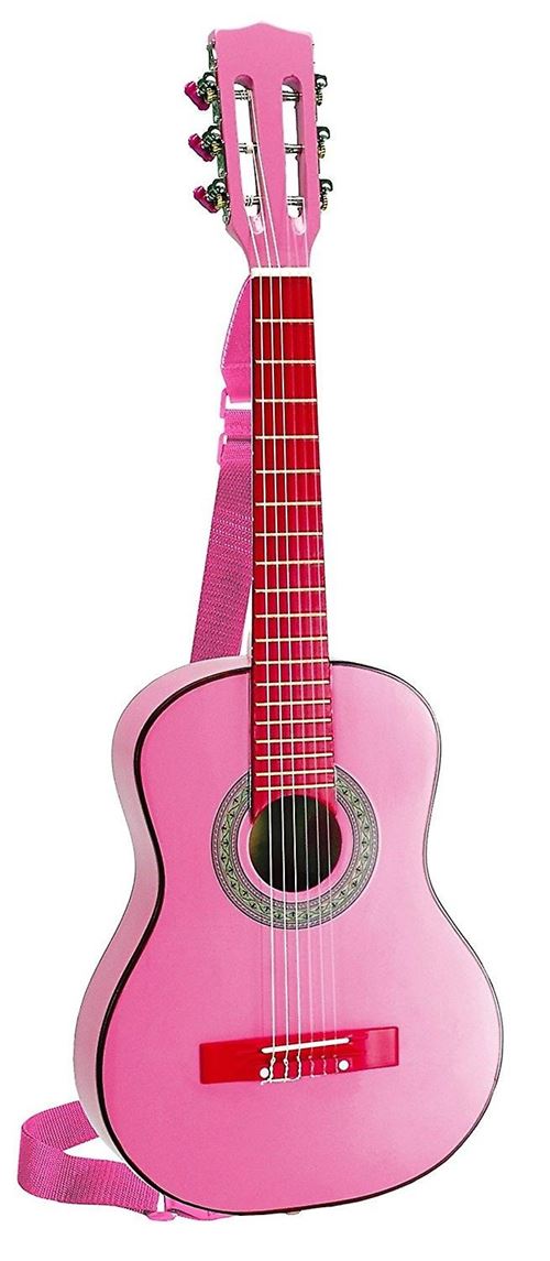 Guitare en bois 75 cm, rose avec bandoulière et stickers