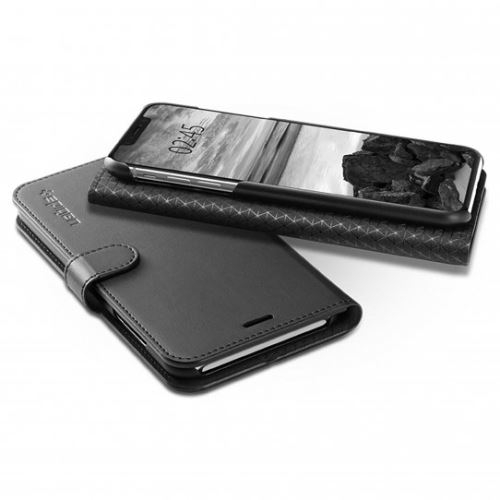 Spigen Wallet S - Flip cover voor mobiele telefoon - synthetisch leer, polycarbonaat - zwart - voor Apple iPhone XS