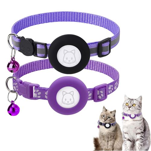 Collier Chat Airtag FONGWAN avec Airtag Support, Cloche et Boucle de Sécurité, Réfléchissant Réglable - Violet