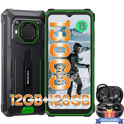 Téléphone Portable Incassable Blackview BV6200 Pro 6,56 13000mAh 12Go+128Go Vert avec Écouteurs Bluetooth Airbuds 60(Noir)