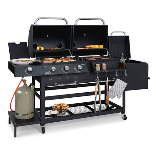Klarstein Kingsville Smoker - Combiné Barbecue Á Gaz / Charbon De Bois /Fumoir - 3 Brûleurs En Acier Inox - 13,5 Kw - Argent