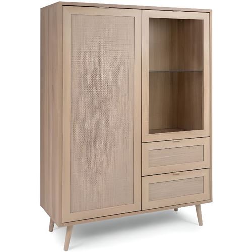 Vitrine 2 portes 2 tiroirs - Décor chene sonoma - L 101,4 x P 40 x H 139 cm - BALI