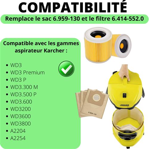 Sac aspirateur et Filtre pour Karcher WD3 Sacs remplacement 6.959