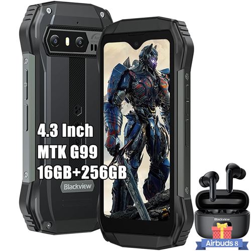 Blackview N6000 Téléphone Portable Incassable 4,3 Android 13 16Go+256Go 48MP+16MP NFC Noir avec Écouteurs Bluetooth Airbuds 8