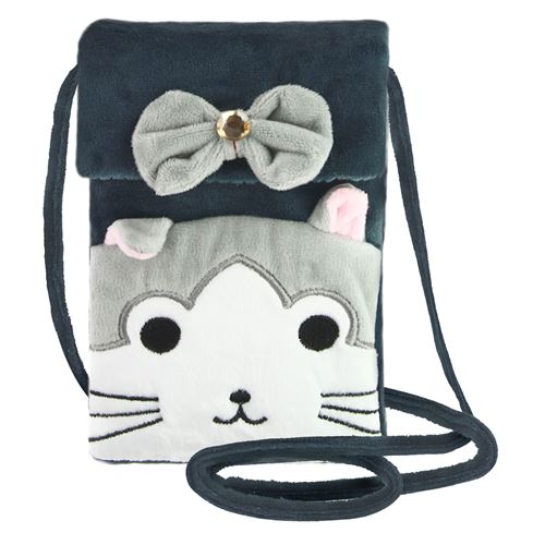 Pochette Bandoulière pour Smartphone en Tissu Design Chat Avizar Gris et Rose