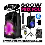 Enceinte active 600w avec usb, bluetooth + jeux de lumiere astroball +  micro sans fil pa dj sono led soiree famille karaoke - Conforama