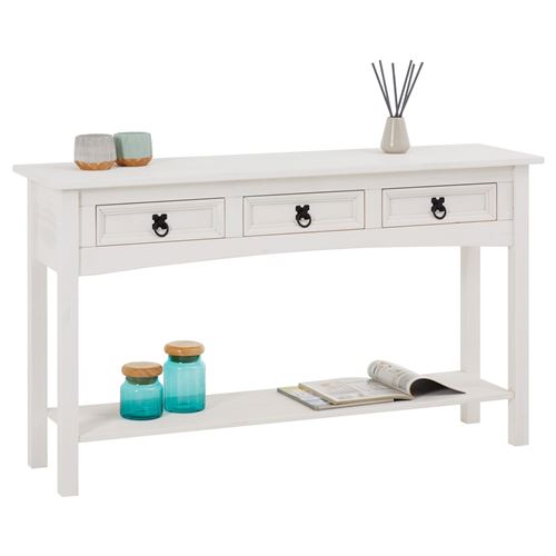 Table console RURAL avec 3 tiroirs, style mexicain en pin massif blanc