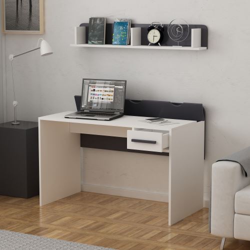 HOMEMANIA Bureau Senny avec Étagères, Tiroir - pour Bureau, Chambre - Blanc, Anthracite en Bois, 120 x 62 x 87 cm