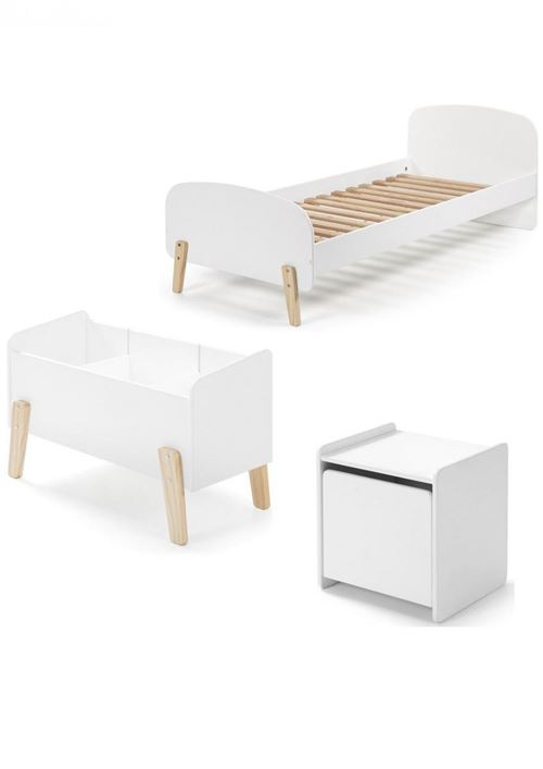 Lit 90x200 - chevet 1 porte et coffre &agrave; jouets kiddy - blanc