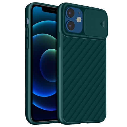 Avizar Coque pour iPhone 12 / 12 Pro Protection Finition souple striée Cache caméra coulissant Vert