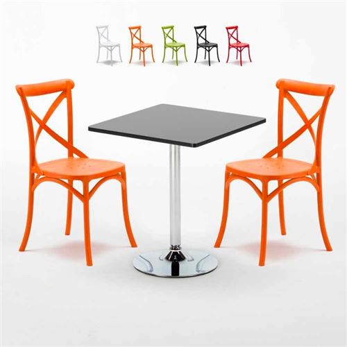 Table Carrée Noire 70x70cm Avec 2 Chaises Colorées Set Intérieur Bar Café Vintage Mojito, Couleur: Orange