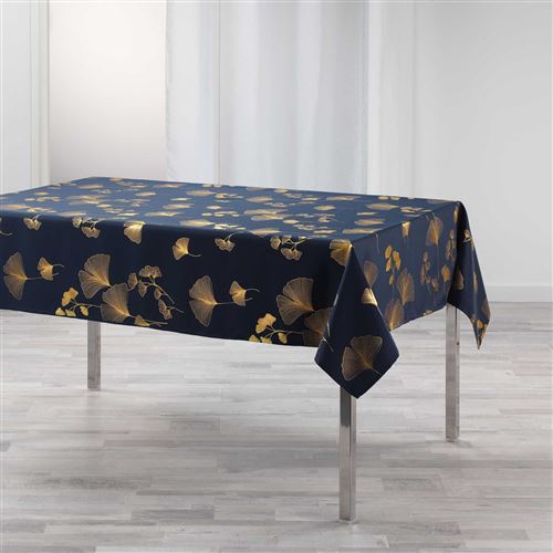 Nappe rectangle 150 x 300 cm polyester imprime metallise bloomy Marine/or