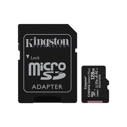 Kingston Canvas Select Plus - Carte mémoire flash (adaptateur microSDXC vers SD inclus(e)) - 128 Go - A1 / Video Class V10 / UHS Class 1 / Class10 - microSDXC UHS-I