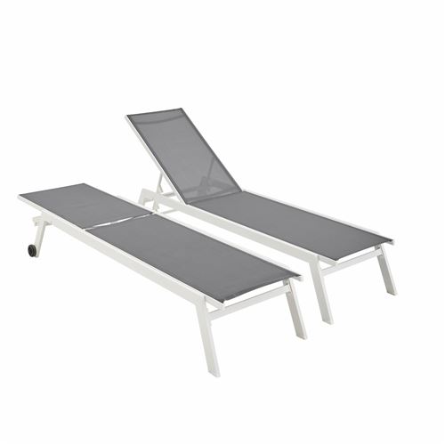 Sweeek Lot de 2 bains de soleil ELSA en aluminium blanc et textilène gris transats multi positions avec roulettes