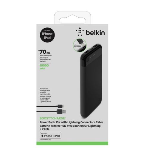 Belkin BOOST CHARGE with Lightning Connector - Banque d'alimentation - 10000 mAh - 2 connecteurs de sortie (USB) - sur le câble : Lightning - noir