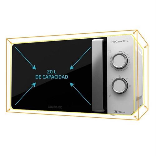 Cecotec Microondas ProClean 3010. 700 W, 20 L de capacidad, Revestimiento Ready2Clean, Tecnología 3DWave, Modo Descongelación