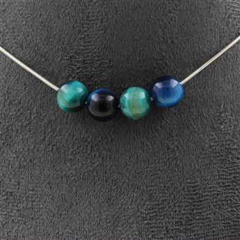 Collier en Œil de faucon perle facettée 4 mm acier inoxydable argenté