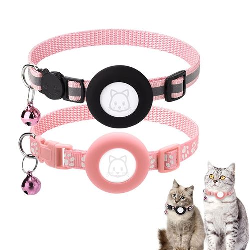 Collier Chat Airtag FONGWAN avec Airtag Support, Cloche et Boucle de Sécurité, Réfléchissant Réglable - Rose